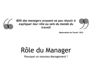 Rôle du Manager
Pourquoi un nouveau Management ?
80% des managers avouent ne pas réussir à
expliquer leur rôle au sein du monde du
travail
Observatoire du Travail - 2013
 