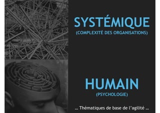 HUMAIN
SYSTÉMIQUE
… Thématiques de base de l’agilité …
(COMPLEXITÉ DES ORGANISATIONS)
(PSYCHOLOGIE)
 
