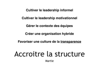 Accroitre la structure
Martie
Cultiver le leadership informel
Cultiver le leadership motivationnel
Gérer le contexte des équipes
Créer une organisation hybride
Favoriser une culture de la transparence
 
