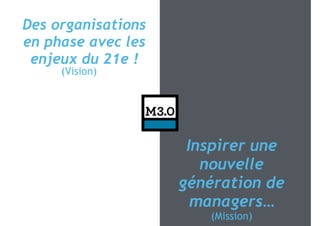Inspirer une
nouvelle
génération de
managers…
Des organisations
en phase avec les
enjeux du 21e !
(Mission)
(Vision)
 
