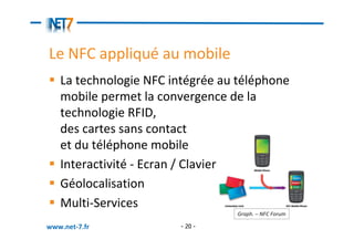 Le NFC appliqué au mobile
   La technologie NFC intégrée au téléphone
   mobile permet la convergence de la
   technologie RFID,
   des cartes sans contact
   et du téléphone mobile
   Interactivité - Ecran / Clavier
   Géolocalisation
   Multi-Services
                                 Graph. – NFC Forum

www.net-7.fr            - 20 -
 
