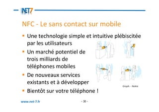 NFC - Le sans contact sur mobile
   Une technologie simple et intuitive plébiscitée
   par les utilisateurs
   Un marché potentiel de
   trois milliards de
   téléphones mobiles
   De nouveaux services
   existants et à développer              Graph. - Nokia

   Bientôt sur votre téléphone !
www.net-7.fr                - 30 -
 