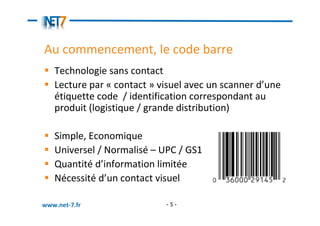 Au commencement, le code barre
   Technologie sans contact
   Lecture par « contact » visuel avec un scanner d’une
   étiquette code / identification correspondant au
   produit (logistique / grande distribution)

   Simple, Economique
   Universel / Normalisé – UPC / GS1
   Quantité d’information limitée
   Nécessité d’un contact visuel

www.net-7.fr                -5-
 
