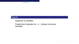 J
o
b programme´ avec
@Scheduled
Objectif
Supprimer le contrôleur
Programmer l’exécution du Job (chaque minute par
exemple)
 