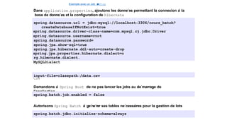 Exemple avec un Job e
t
u
nStep
Dans application.properties, ajoutons les donne´es permettant la connexion a
` la
base de donne´es et la configuration de Hibernate
spring.datasource.url = jdbc:mysql://localhost:3306/cours_batch?
createDatabaseIfNotExist=true
spring.datasource.driver-class-name=com.mysql.cj.jdbc.Driver
spring.datasource.username=root
spring.datasource.password=
spring.jpa.show-sql=true
spring.jpa.hibernate.ddl-auto=create-drop
spring.jpa.properties.hibernate.dialect=o
rg.hibernate.dialect.
MySQLDialect
Indiquons e´galement l’emplacement de notre fichier
CSV
input-file=classpath:/data.csv
Demandons a
` Spring Boot de ne pas lancer les jobs au de´marrage de
l’application
spring.batch.job.enabled = false
Autorisons Spring Batch a
` ge´ne´rer ses tables ne´cessaires pour la gestion de lots
spring.batch.jdbc.initialize-schema=always
14 / 40
 