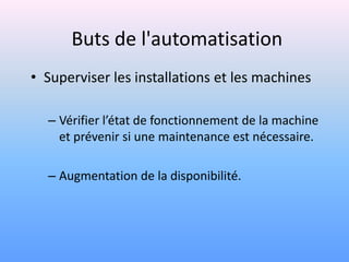 Buts de l'automatisation
• Superviser les installations et les machines

  – Vérifier l’état de fonctionnement de la machine
    et prévenir si une maintenance est nécessaire.

  – Augmentation de la disponibilité.
 