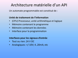 Architecture matérielle d’un API
Un automate programmable est constitué de :

Unité de traitement de l’information
• (CPU) Processeur, unité arithmétique et logique
• Mémoire contenant le programme
• Mémoire contenant les données
• Interface pour la programmation

Interfaces pour les signaux d’entrée
• Tout ou rien: 24 V DC
• Analogiques: +/-10V; 4..20mA; etc
 