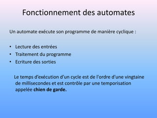 Fonctionnement des automates

Un automate exécute son programme de manière cyclique :

• Lecture des entrées
• Traitement du programme
• Ecriture des sorties

  Le temps d’exécution d’un cycle est de l'ordre d'une vingtaine
   de millisecondes et est contrôle par une temporisation
   appelée chien de garde.
 