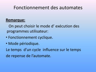 Fonctionnement des automates

Remarque:
  On peut choisir le mode d’ exécution des
 programmes utilisateur:
• Fonctionnement cyclique.
• Mode périodique.
Le temps d’un cycle influence sur le temps
de repense de l’automate.
 