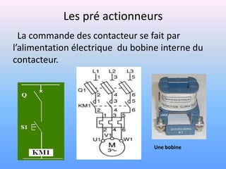 Les pré actionneurs
  La commande des contacteur se fait par
l’alimentation électrique du bobine interne du
contacteur.




                                  Une bobine
 