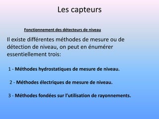Les capteurs

       Fonctionnement des détecteurs de niveau

Il existe différentes méthodes de mesure ou de
détection de niveau, on peut en énumérer
essentiellement trois:

1 - Méthodes hydrostatiques de mesure de niveau.

 2 - Méthodes électriques de mesure de niveau.

3 - Méthodes fondées sur l’utilisation de rayonnements.
 