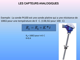 LES CAPTEURS ANALOGIQUES




Exemple : La sonde Pt100 est une sonde platine qui a une résistance de
100 pour une température de 0 C. (138,5 pour 100 C)

                      RS       R0     K *t
                      R0= 100 pour t=0 C
                      K=0.4
 