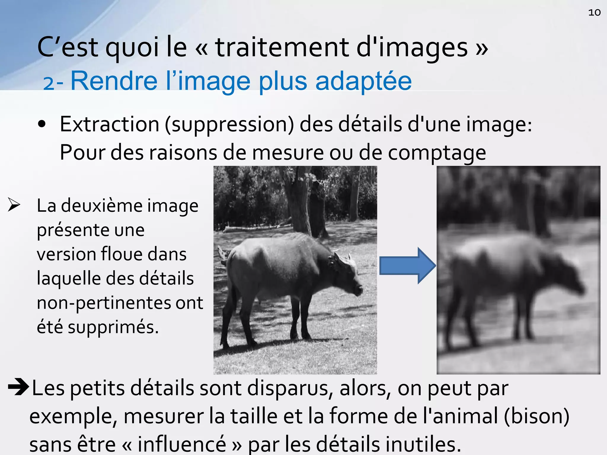 • Extraction (suppression) des détails d'une image:
Pour des raisons de mesure ou de comptage
C’est quoi le « traitement d'images »
2- Rendre l’image plus adaptée
10
 La deuxième image
présente une
version floue dans
laquelle des détails
non-pertinentes ont
été supprimés.
Les petits détails sont disparus, alors, on peut par
exemple, mesurer la taille et la forme de l'animal (bison)
sans être « influencé » par les détails inutiles.
 
