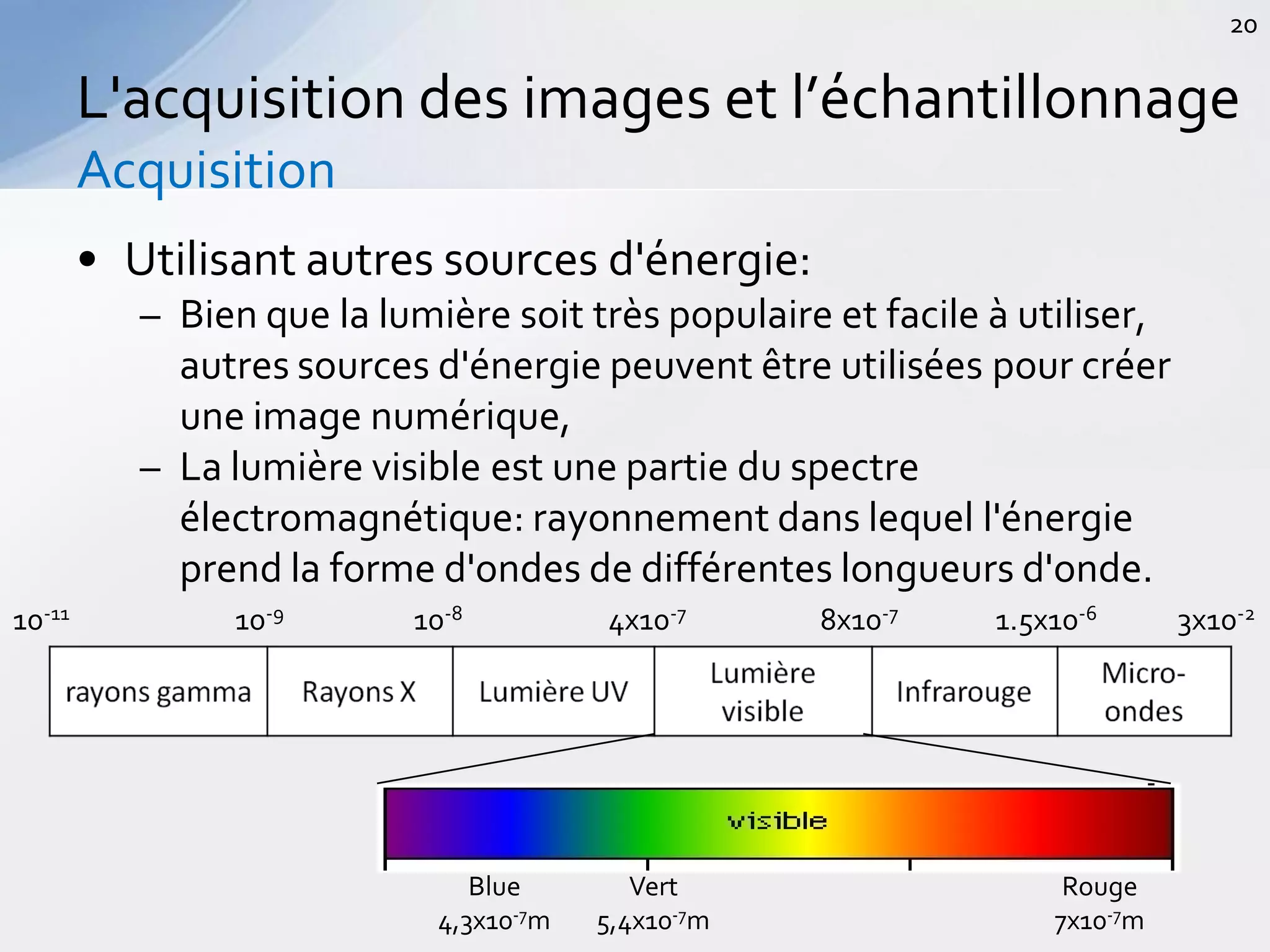 • Utilisant autres sources d'énergie:
– Bien que la lumière soit très populaire et facile à utiliser,
autres sources d'énergie peuvent être utilisées pour créer
une image numérique,
– La lumière visible est une partie du spectre
électromagnétique: rayonnement dans lequel l'énergie
prend la forme d'ondes de différentes longueurs d'onde.
L'acquisition des images et l’échantillonnage
Acquisition
20
10-11 10-9 10-8 4x10-7 8x10-7 1.5x10-6 3x10-2
Blue
4,3x10-7m
Vert
5,4x10-7m
Rouge
7x10-7m
 