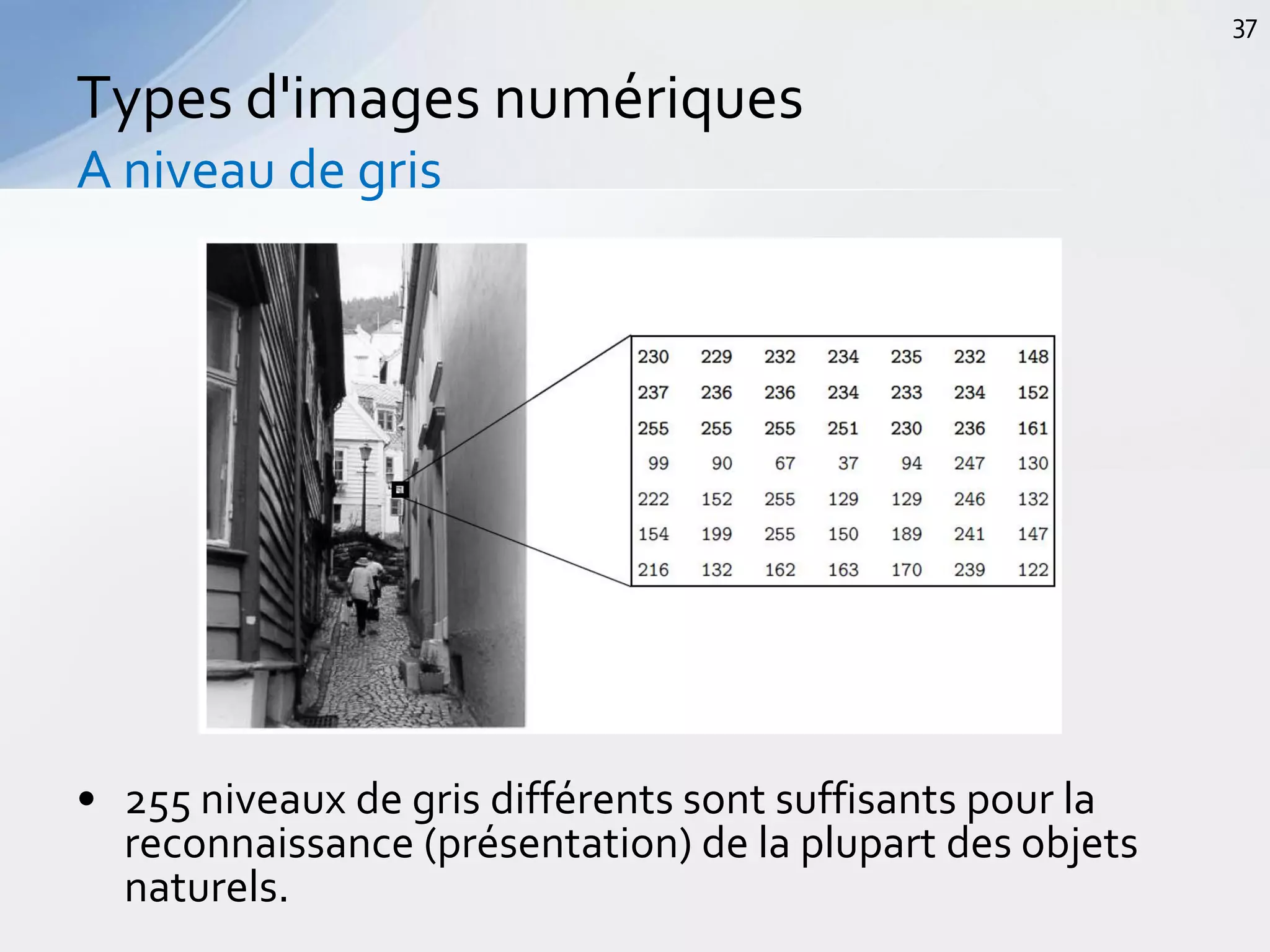 • 255 niveaux de gris différents sont suffisants pour la
reconnaissance (présentation) de la plupart des objets
naturels.
Types d'images numériques
A niveau de gris
37
 