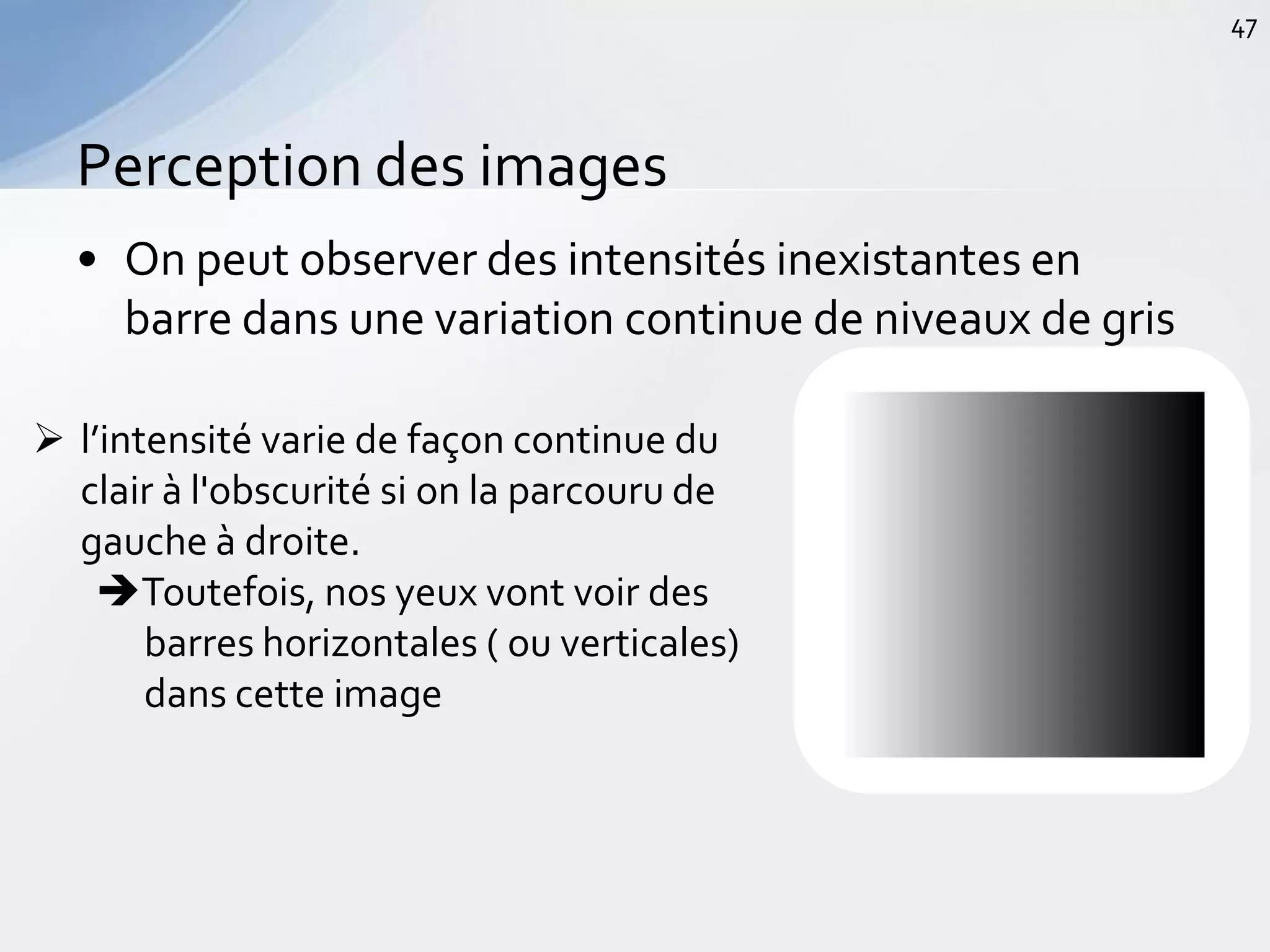 • On peut observer des intensités inexistantes en
barre dans une variation continue de niveaux de gris
Perception des images
47
 l’intensité varie de façon continue du
clair à l'obscurité si on la parcouru de
gauche à droite.
Toutefois, nos yeux vont voir des
barres horizontales ( ou verticales)
dans cette image
 