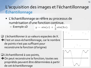 • L'échantillonnage se réfère au processus de
numérisation d'une fonction continue.
– Exemple 1D
L'acquisition des images et l’échantillonnage
Échantillonnage
13
 L'échantillonner à 10 valeurs espacées de X.
C’est un sous-échantillonnage, car le nombre
de points n'est pas suffisant pour
reconstruire la fonction (d’origine)
 L’échantillonné à 100 points,
On peut reconstruire la fonction; toutes ses
propriétés peuvent être déterminées à partir
de cet échantillonnage
 