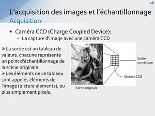 • Caméra CCD (Charge Coupled Device):
– La capture d’image avec une caméra CCD
L'acquisition des images et l’échantillonnage
Acquisition
18
Sortie
numérique
MatriceCCD
Scène originale
La sortie est un tableau de
valeurs, chacune représente
un point d'échantillonnage de
la scène originale.
Les éléments de ce tableau
sont appelés éléments de
l'image (picture elements), ou
plus simplement pixels.
 