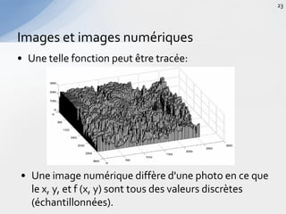 • Une telle fonction peut être tracée:
Images et images numériques
23
• Une image numérique diffère d'une photo en ce que
le x, y, et f (x, y) sont tous des valeurs discrètes
(échantillonnées).
 