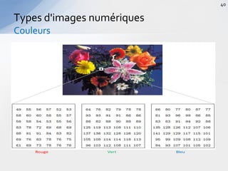 Types d'images numériques
Couleurs
40
Rouge Vert Bleu
 