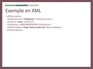 Exemple en XML
<rdf:Description
 <foaf:givenname>Stéphane</foaf:givenname>
 <foaf:nick>trom</foaf:nick>
 <foaf:phone>+33 5...