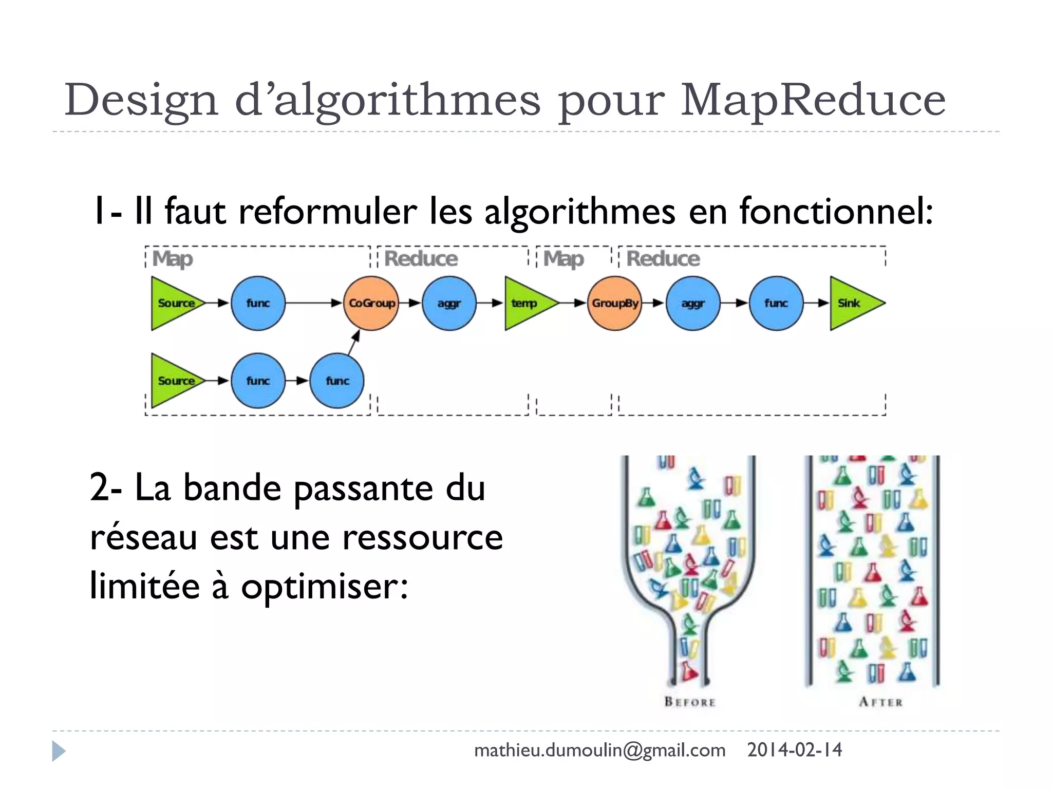 Design d’algorithmes pour MapReduce
1- Il faut reformuler les algorithmes en fonctionnel:
2- La bande passante du
réseau est une ressource
limitée à optimiser:
mathieu.dumoulin@gmail.com 2014-02-14
 