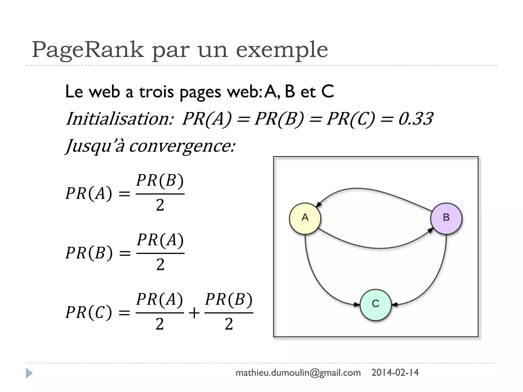 PageRank par un exemple
Le web a trois pages web:A, B et C
Initialisation: PR(A) = PR(B) = PR(C) = 0.33
Jusqu’à convergence:
𝑃𝑅 𝐴 =
𝑃𝑅(𝐵)
2
𝑃𝑅 𝐵 =
𝑃𝑅(𝐴)
2
𝑃𝑅 𝐶 =
𝑃𝑅(𝐴)
2
+
𝑃𝑅(𝐵)
2
mathieu.dumoulin@gmail.com 2014-02-14
 