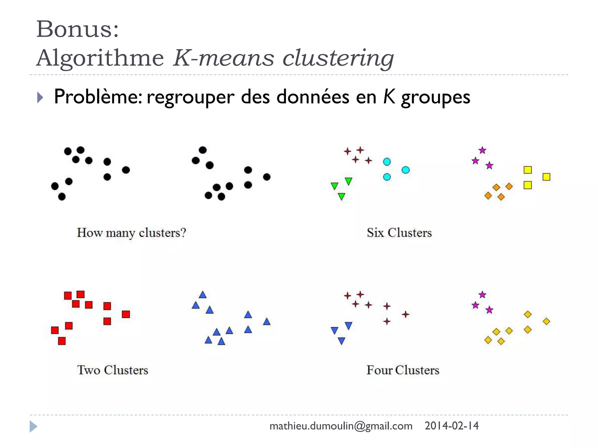 Bonus:
Algorithme K-means clustering
 Problème: regrouper des données en K groupes
mathieu.dumoulin@gmail.com 2014-02-14
 