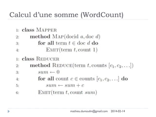 Calcul d’une somme (WordCount)
mathieu.dumoulin@gmail.com 2014-02-14
 