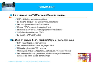 © 2014 Arnaud GERARD, Tous droits de reproduction et de diffusion réservés
SOMMAIRE
 1. Le marché de l’ERP et ses différents métiers
 ERP : définition, processus métiers
 Le marché de l’ERP, les Concurrents, les Projets
 Les principales solutions OpenSource
 Ce que l’ERP a surmonté depuis 40 ans
 Que sera l’ERP 2.0 ? Les trois prochaines révolutions
 SAP dans le marché des ERPs
 Le match : SAP vs ORACLE
2. Mise en œuvre ERP : méthodologie et concepts clés
 ERP : avantages et inconvénients
 Les différents métiers dans les projets ERP
 Méthodologie projet ERP : aperçu
 Philosophie de SAP : modularité, Netweaver, Processus métiers
 Les modules de SAP : processus, structures organisationnelles,
données de base, tables, paramétrage
 