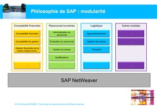 © 2014 Arnaud GERARD, Tous droits de reproduction et de diffusion réservés
Philosophie de SAP : modularité
SAP NetWeaver
Comptabilité financière
Comptabilité financière
Gestion financière de la
chaine d'approvision.
Comptabilité de gestion
….
Ressources humaines
Administration du
personnel
Évaluation du personnel
Logistique
Approvisionnement
Gestion des stocks
Autres modules
…
…
Gestion du temps
Qualifications
….
Transport
… …
 