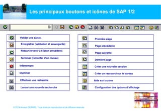 © 2014 Arnaud GERARD, Tous droits de reproduction et de diffusion réservés
Les principaux boutons et icônes de SAP 1/2
Enregistrer (validation et sauvegarde)
Terminer (remonter d'un niveau)
Imprimer
Créer une nouvelle session
Créer un raccourci sur le bureau
Interrompre
Retour (revenir à l'écran précédent)
Page suivante
Valider une saisie.
Aide sur la zone
Dernière page
Configuration des options d’affichage
Première page
Page précédente
Lancer une nouvelle recherche
Effectuer une recherche
 