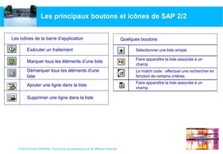 © 2014 Arnaud GERARD, Tous droits de reproduction et de diffusion réservés
Les principaux boutons et icônes de SAP 2/2
Supprimer une ligne dans la liste
Ajouter une ligne dans la liste
Démarquer tous les éléments d’une
liste
Marquer tous les éléments d’une liste
Exécuter un traitement
Les Icônes de la barre d’application
Faire apparaître la liste associée à un
champ
Le match code : effectuer une rechercher en
fonction de certains critères
Faire apparaître la liste associée à un
champ
Sélectionner une liste simple
Quelques boutons
 