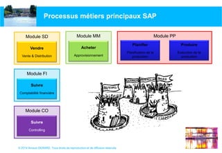 © 2014 Arnaud GERARD, Tous droits de reproduction et de diffusion réservés
Processus métiers principaux SAP
Module PP
Planifier
Planification de la
production
Produire
Exécution de la
production
Module MM
Acheter
Approvisionnement
Module SD
Vendre
Vente & Distribution
Module FI
Suivre
Comptabilité financière
Module CO
Suivre
Controlling
 