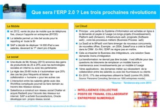 © 2014 Arnaud GERARD, Tous droits de reproduction et de diffusion réservés
Que sera l’ERP 2.0 ? Les trois prochaines révolutions
Le Mobile
 en 2012, vente de plus de mobile que de téléphone
fixe, chacun l’apporte en entreprise (BYOD)
 La tablette permet un très bel accès pour le
reporting et toute la BI
 SAP a décidé de déployer 14 000 iPad a ses
salariés, devenant le 1er client pro d’Apple
Le social
 Une étude de Mc Kinsey (2013) annonce des gains
de productivité de 20 à 25% avec les technologies
sociales en interne ou avec les partenaires
 La règle des 20-80 incite à n’automatiser que 20%
des cas les plus fréquents et laisser la
collaboration « humaine » pour les autres cas
 L’interaction entre les salariés gérée avec des
Workflow compliqués pourrait se faire demain au
travers des réseaux sociaux
 Salesforce a construit son réseau social Chatter et
acquis Radian6 pour l’écoute des réseaux sur
internet. SAP a acheté Successfactors, Oracle
développe son propre réseau social.
Le Cloud
 Principe : une partie du Système d’Information est achetée en ligne à
la demande et payée à l’usage (vs longs projets d’investissement).
Platform aaS (Amazon), Infrastructure aaS, progiciels (Software
aaS) , voire les processus métiers (Business Process aaS)
 Le SaaS et le BPaaS vont faire émerger de nouveaux concurrents,
de nouvelles offres. Exemple : en 2004, SalesForce a créé le SaaS
dans le CRM . En RH, l’ERP ne règne pas en maître.
 Cela va impacter le Business des Intégrateurs, une solution Saas
demande moins d’intégration
 La transformation ne devrait pas être brutale : il est difficile pour des
questions de trésorerie de remplacer un modèle licence +
maintenance avec investissements par un modèle à l’usage
 1ères applications : les domaines métier qui nécessitent de la
collaboration entre les salariés ou avec les fournisseurs ou clients
 En 2010, 17% des entreprises utilisent le SaaS (contre 9% 2009,
Source: Panorama Consulting Services sur 1800 entreprises monde)
 INTELLIGENCE COLLECTIVE
 POSTE DE TRAVAIL COLLABORATIF
 ENTREPRISE NUMERIQUE
*Source : Tendance-erp.com 2013
 