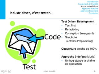 Introduction
Fondement de l’agilité
Approche technique
Approche humaine
Approche financière
ConclusionIndustrialiser, c’est tester…
(c) Agilii - Octobre 2008 - 19 -
Test Driven Development
Test first
Refactoring
Conception émergeante
Simplicité
(eXtreme Programming)
Couverture proche de 100%
Approche 0-defaut (Muda)
Un bug stoppe la chaîne
de production
Code
Test