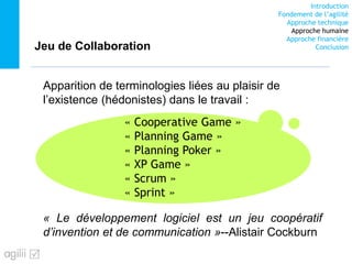 Introduction
Fondement de l’agilité
Approche technique
Approche humaine
Approche financière
ConclusionJeu de Collaboration
Apparition de terminologies liées au plaisir de
l’existence (hédonistes) dans le travail :
« Le développement logiciel est un jeu coopératif
d’invention et de communication »--Alistair Cockburn
« Cooperative Game »
« Planning Game »
« Planning Poker »
« XP Game »
« Scrum »
« Sprint »