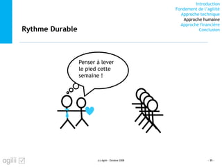 Introduction
Fondement de l’agilité
Approche technique
Approche humaine
Approche financière
ConclusionRythme Durable
(c) Agilii - Octobre 2008 - 35 -
Penser à lever
le pied cette
semaine !