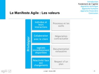 Introduction
Fondement de l’agilité
Approche technique
Approche humaine
Approche financière
ConclusionLe Manifeste Agile : Les valeurs
(c) Agilii - Octobre 2008 - 9 -
Individus et
leurs
interactions
Processus et les
outils
Collaboration
avec le client
Négociation
contractuelle
logiciels
immédiatement
disponibles
Documentation
exhaustive
Réactivité face
aux
changements
Respect d’un
plan
Privilégier