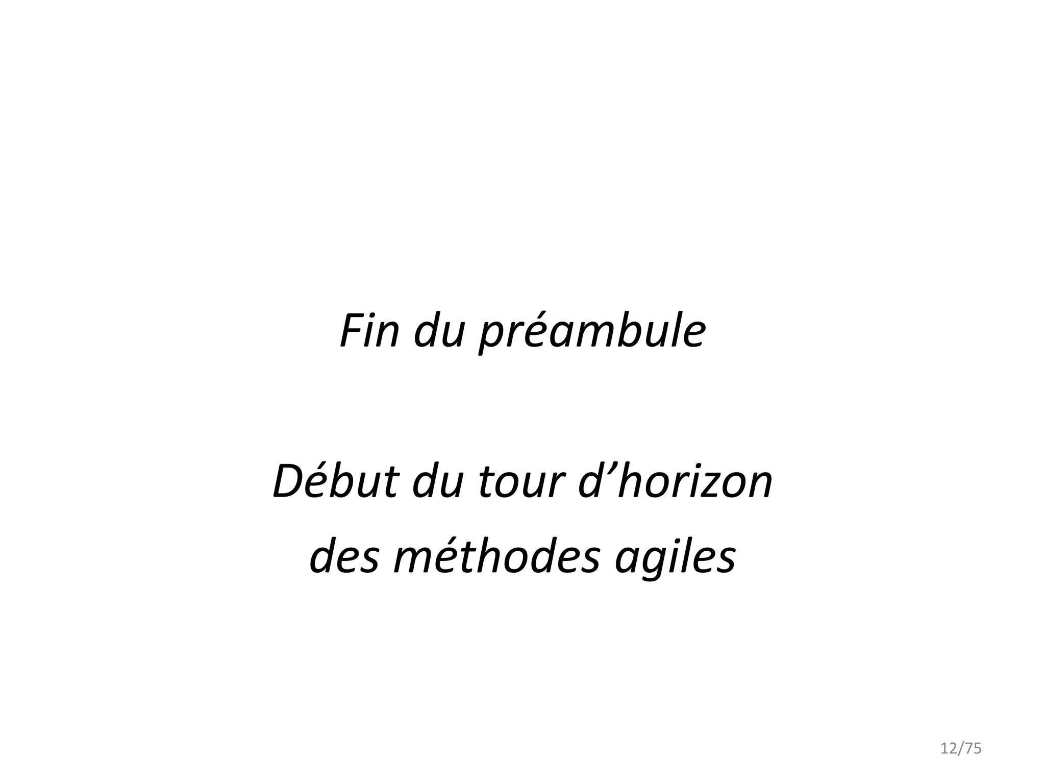 Fin du préambule

Début du tour d’horizon
 des méthodes agiles


                          12/75
 