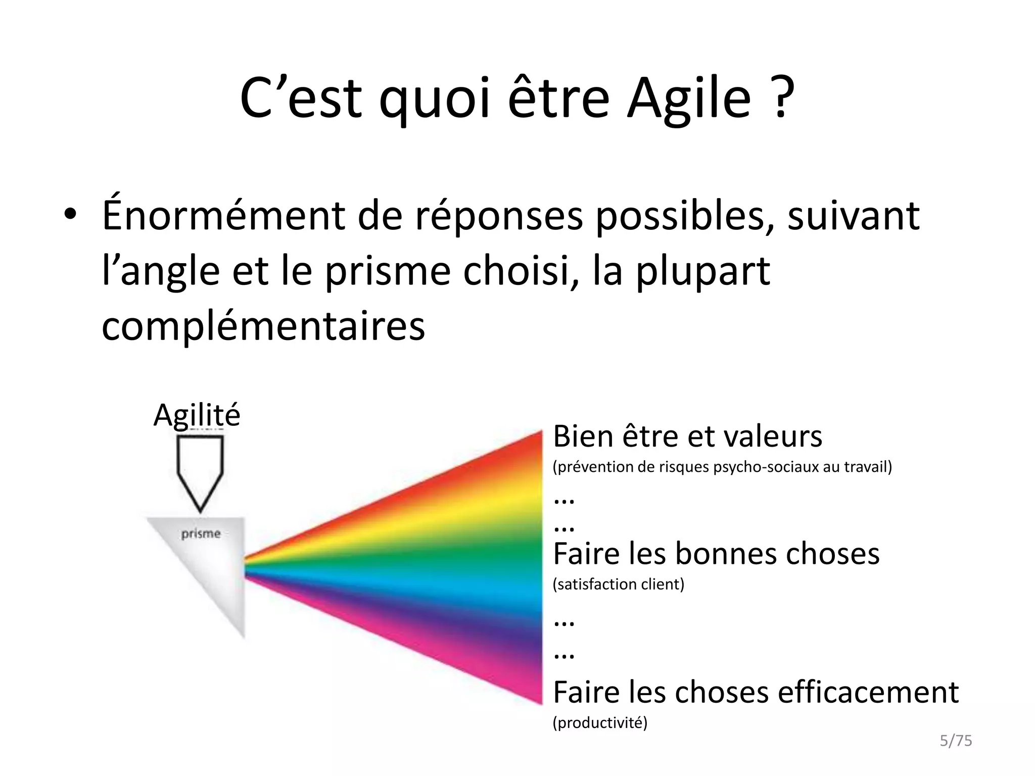 C’est quoi être Agile ?
• Énormément de réponses possibles, suivant
  l’angle et le prisme choisi, la plupart
  complémentaires
    Agilité
                        Bien être et valeurs
                        (prévention de risques psycho-sociaux au travail)
                        …
                        …
                        Faire les bonnes choses
                        (satisfaction client)

                        …
                        …
                        Faire les choses efficacement
                        (productivité)
                                                                            5/75
 