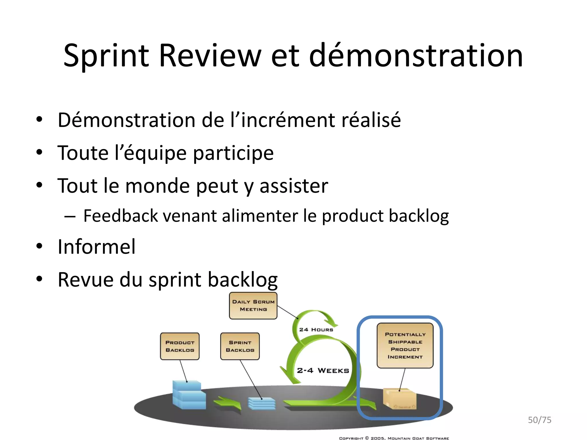 Sprint Review et démonstration
• Démonstration de l’incrément réalisé
• Toute l’équipe participe
• Tout le monde peut y assister
   – Feedback venant alimenter le product backlog
• Informel
• Revue du sprint backlog




                                                    50/75
 