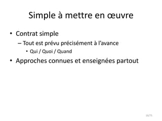 Simple à mettre en œuvre
• Contrat simple
  – Tout est prévu précisément à l’avance
     • Qui / Quoi / Quand
• Approches connues et enseignées partout




                                            16/75
 