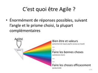 C’est quoi être Agile ?
• Énormément de réponses possibles, suivant
  l’angle et le prisme choisi, la plupart
  complémentaires
    Agilité
                        Bien être et valeurs
                        (prévention de risques psycho-sociaux au travail)
                        …
                        …
                        Faire les bonnes choses
                        (satisfaction client)

                        …
                        …
                        Faire les choses efficacement
                        (productivité)
                                                                            5/75
 
