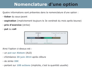 Nomenclature d'une option
Quatre informations sont présentes dans la nomenclature d'une option :
- ticker du sous-jacent
- expiration (implicitement toujours le 3e vendredi du mois après bourse)
- prix d'exercice (strike)
- put ou call
Ainsi l'option ci-dessus est :
- un put sur Alstom (ALO)
- d'échéance 20 juin 2014 après clôture
- de strike 20€
- portant sur 100 actions (implicite, c'est la quantité usuelle)
 