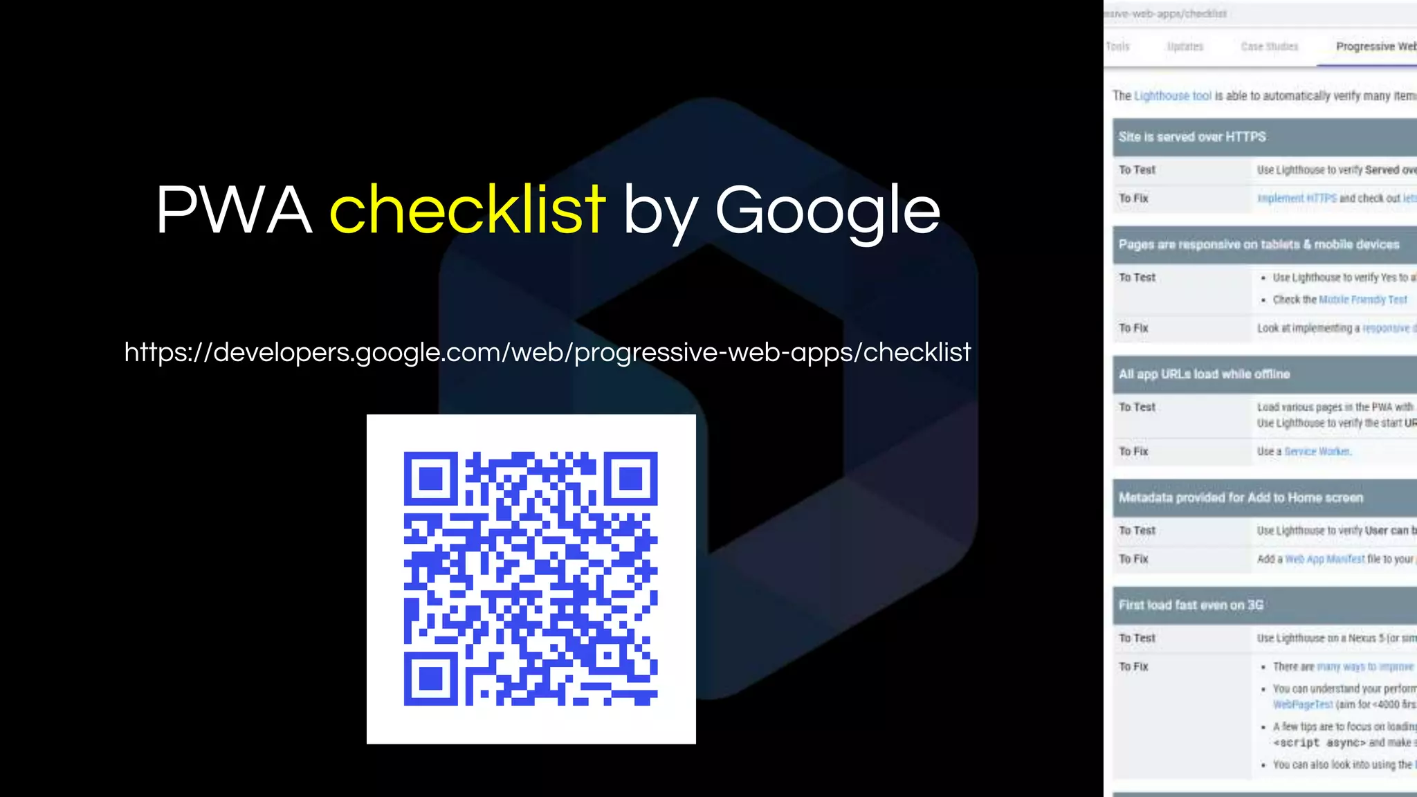 PWA checklist by Google
https://developers.google.com/web/progressive-web-apps/checklist
 