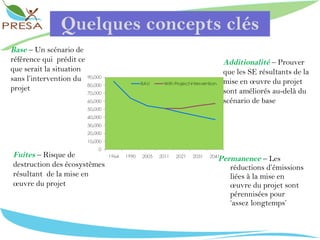 Quelques concepts clés Permanence   –  Les réductions d’émissions liées à la mise en œuvre du projet sont pérennisées pour  ‘assez longtemps’ Base   – Un scénario de référence qui  prédit ce que serait la situation sans l’intervention du projet Additionalité   – Prouver que les SE résultants de la mise en œuvre du projet sont améliorés au-delà du scénario de base Fuites   – Risque de destruction des écosystèmes résultant  de la mise en œuvre du projet  