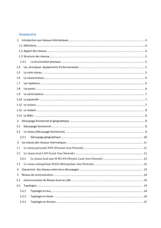 Sommaire 
1 Introduction aux réseaux informatiques .................................................................................................... 4 
1.1 Définitions .............................................................................................................................................. 4 
1.2 Apport des réseaux ................................................................................................................................. 4 
1.3 Structure des réseaux.............................................................................................................................. 5 
1.3.1 La structuration physique ............................................................................................................... 5 
1.4 Les principaux équipements d’interconnexion ....................................................................................... 5 
1.5 La carte réseau ........................................................................................................................................ 5 
1.6 Le concentrateur; .................................................................................................................................... 6 
1.7 Les répéteurs: ......................................................................................................................................... 6 
1.8 Les ponts: ................................................................................................................................................ 6 
1.9 Le commutateur:..................................................................................................................................... 7 
1.10 La passerelle ........................................................................................................................................... 7 
1.11 Le routeur ............................................................................................................................................... 7 
1.12 Le modem ............................................................................................................................................... 8 
1.13 Le MAU: .................................................................................................................................................. 8 
2 Découpage fonctionnel et géographique ................................................................................................... 8 
2.1 Découpage fonctionnel ........................................................................................................................... 8 
2.2 Le réseau (Découpage fonctionnel) ......................................................................................................... 8 
2.2.1 Découpage géographique ............................................................................................................ 10 
3 Les classes des réseaux informatiques ..................................................................................................... 11 
3.1 Le réseau personnel PAN (Personal Area Network) ............................................................................... 11 
3.2 Le réseau local LAN (Local Area Network) .......................................................................................... 11 
3.2.1 Le réseau local sans fil WLAN (Wirelss Local Area Network) ..................................................... 12 
3.3 Le réseau métropolitain MAN (Metropolitan Area Network) ................................................................. 12 
4 Classement des réseaux selon leurs découpages : ................................................................................... 13 
5 Réseau de communication ....................................................................................................................... 14 
5.1 Communication de Réseau local ou LAN ................................................................................................ 14 
5.2 Topologies ............................................................................................................................................ 14 
5.2.1 Topologie en bus .......................................................................................................................... 14 
5.2.2 Topologie en étoile ...................................................................................................................... 14 
5.2.3 Topologie en Anneau ................................................................................................................... 15 
 