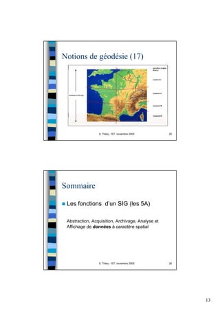 13
S. Théry - IST, novembre 2005 25
Notions de géodésie (17)
S. Théry - IST, novembre 2005 26
Sommaire
Les fonctions d’un SIG (les 5A)
Abstraction, Acquisition, Archivage, Analyse et
Affichage de données à caractère spatial
 