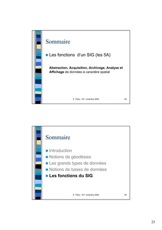 25
S. Théry - IST, novembre 2005 49
Sommaire
Les fonctions d’un SIG (les 5A)
Abstraction, Acquisition, Archivage, Analyse et
Affichage de données à caractère spatial
S. Théry - IST, novembre 2005 50
Sommaire
Introduction
Notions de géodésies
Les grands types de données
Notions de bases de données
Les fonctions du SIG
 